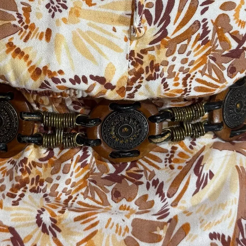 Late 70s Wood, Leather, Brass Wire Western Boho / Folk-Revival Belt